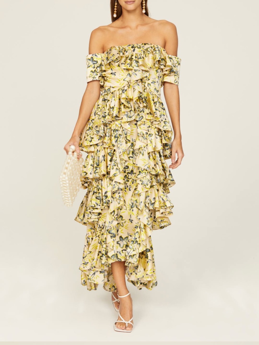 cinq a sept Eleonora Floral Ruffle Off the Shoulder Dress in Pomelo Print